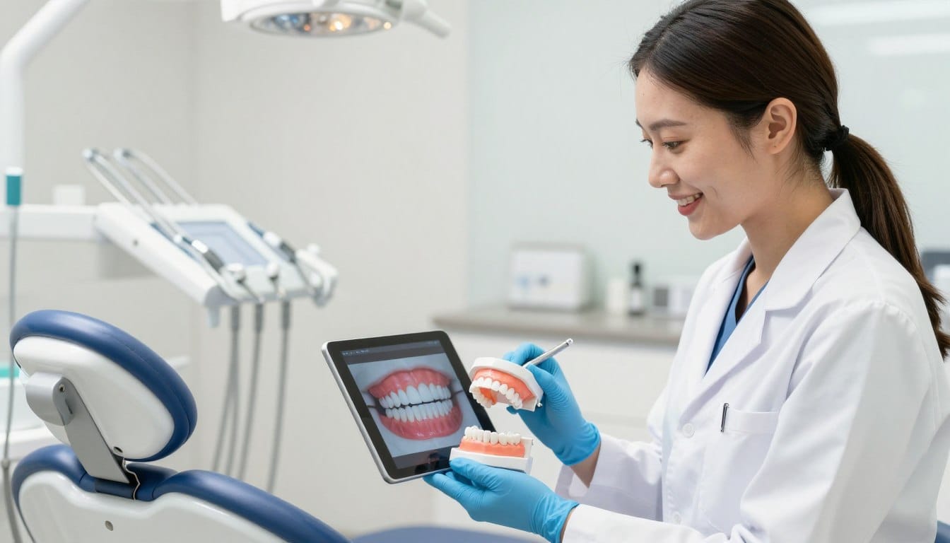 A high-quality, professional photograph of a modern dental clinic in Parramatta, Australia. A friendly dentist is showing a patient a digital 3D model of their new smile on a tablet. The atmosphere is warm, bright, and reassuring with soft natural lighting. A high-quality, professional photograph of a modern dental clinic in Parramatta, Australia. A friendly dentist is showing a patient a digital 3D model of their new smile on a tablet. The atmosphere is warm, bright, and reassuring with soft natural lighting.
