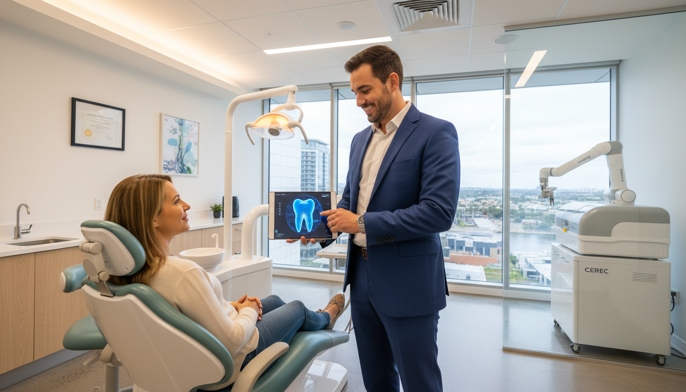 A high-quality, professional photograph of a modern dental clinic in Parramatta. A friendly dentist is showing a patient a digital 3D model of a tooth on a tablet, with a CEREC machine visible in the background. The patient looks relaxed and comfortable. A high-quality, professional photograph of a modern dental clinic in Parramatta. A friendly dentist is showing a patient a digital 3D model of a tooth on a tablet, with a CEREC machine visible in the background. The patient looks relaxed and comfortable.