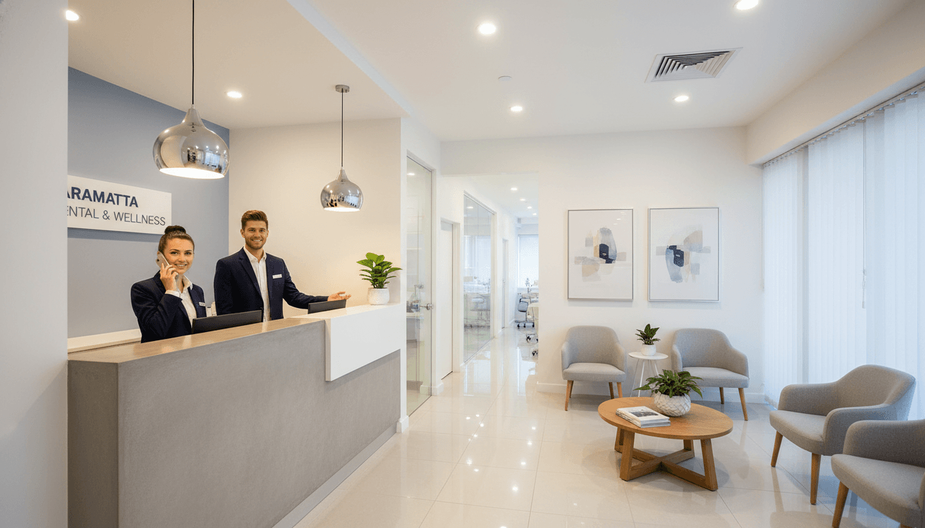 A high-quality, professional photograph of a modern dental clinic interior in Parramatta, NSW, showing a friendly reception area with warm lighting and a clean, clinical yet inviting atmosphere. A high-quality, professional photograph of a modern dental clinic interior in Parramatta, NSW, showing a friendly reception area with warm lighting and a clean, clinical yet inviting atmosphere.