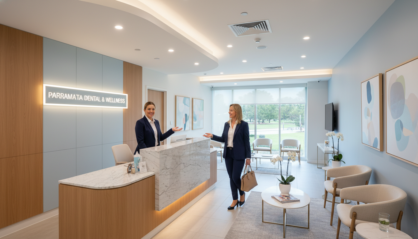 A high-quality, professional photograph of a modern dental clinic reception desk in Parramatta, featuring a friendly receptionist smiling and welcoming a patient into a bright, warm, and anxiety-free environment. A high-quality, professional photograph of a modern dental clinic reception desk in Parramatta, featuring a friendly receptionist smiling and welcoming a patient into a bright, warm, and anxiety-free environment.