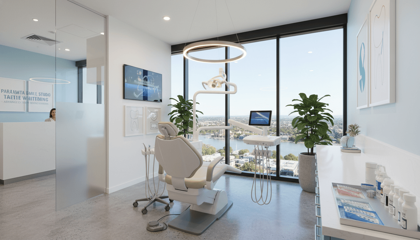 A high-quality, realistic photo of a bright, modern dental clinic in Parramatta, Australia, showing a professional teeth whitening setup with advanced equipment and a comfortable chair, soft warm lighting, professional and inviting atmosphere. A high-quality, realistic photo of a bright, modern dental clinic in Parramatta, Australia, showing a professional teeth whitening setup with advanced equipment and a comfortable chair, soft warm lighting, professional and inviting atmosphere.