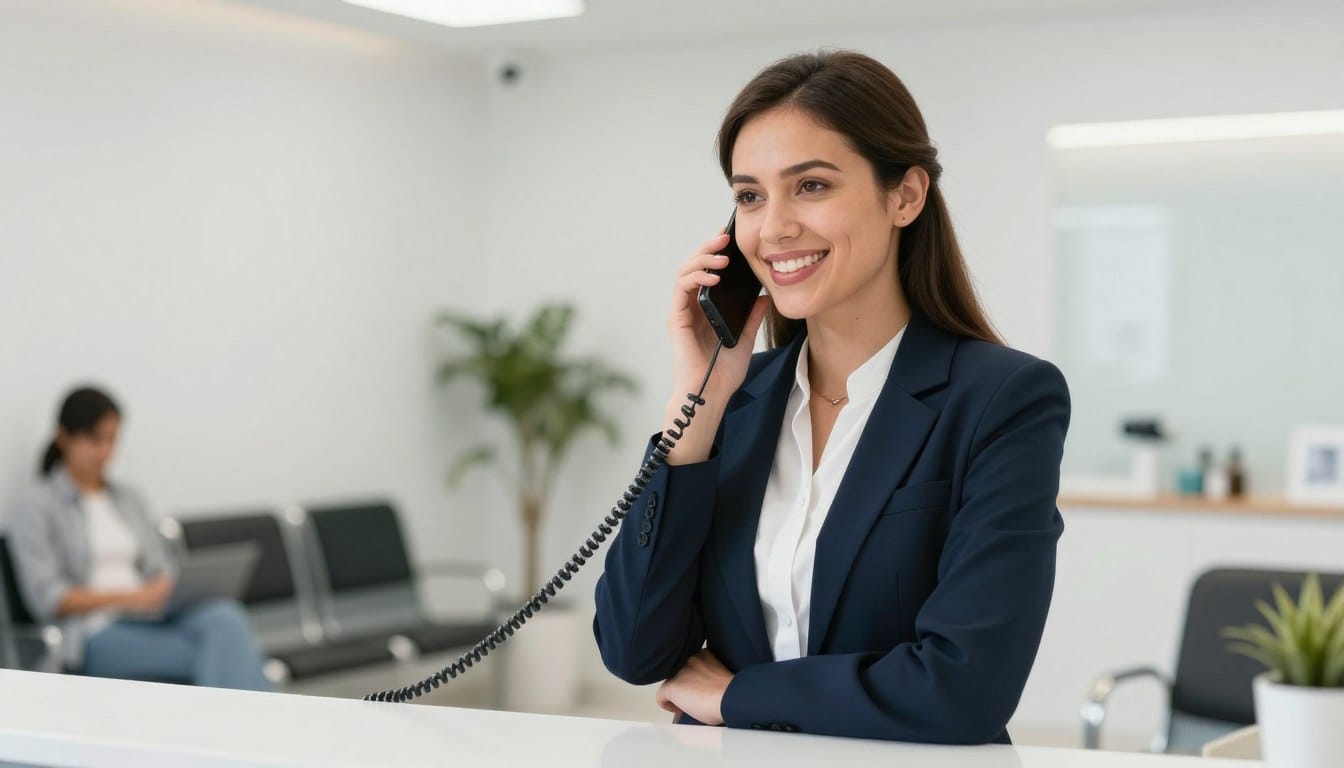 A high-quality, realistic photo of a friendly dental receptionist in a modern Parramatta clinic, smiling while speaking on the phone, with a clean and welcoming patient waiting area in the background. A high-quality, realistic photo of a friendly dental receptionist in a modern Parramatta clinic, smiling while speaking on the phone, with a clean and welcoming patient waiting area in the background.