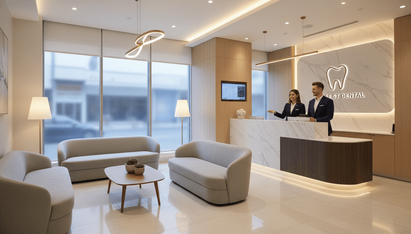 A high-quality, realistic photo of a modern and welcoming dental clinic interior located at 37 Grose St, Parramatta, featuring soft lighting, comfortable patient lounge chairs, and friendly staff in professional attire, creating a warm and reassuring atmosphere. A high-quality, realistic photo of a modern and welcoming dental clinic interior located at 37 Grose St, Parramatta, featuring soft lighting, comfortable patient lounge chairs, and friendly staff in professional attire, creating a warm and reassuring atmosphere.