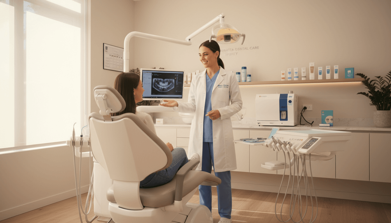 A high-quality, realistic photo of a modern, warm dental clinic interior in Parramatta, Sydney, featuring a friendly dental professional in a white coat talking reassurringly to a patient about teeth whitening options, soft natural light, professional dental equipment in the background. A high-quality, realistic photo of a modern, warm dental clinic interior in Parramatta, Sydney, featuring a friendly dental professional in a white coat talking reassurringly to a patient about teeth whitening options, soft natural light, professional dental equipment in the background.