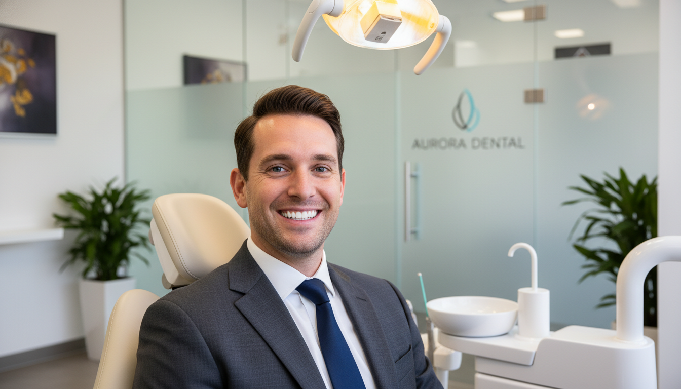 A high-quality, realistic photograph of a smiling Australian patient showing off bright, natural-looking porcelain veneers in a modern dental clinic setting with warm, soft lighting. A high-quality, realistic photograph of a smiling Australian patient showing off bright, natural-looking porcelain veneers in a modern dental clinic setting with warm, soft lighting.