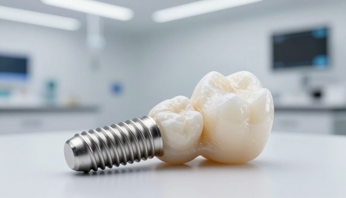 A high-quality, ultra-realistic close-up of a titanium dental implant with a natural-looking porcelain crown, shown in a clean and modern clinical setting with soft, reassuring lighting. A high-quality, ultra-realistic close-up of a titanium dental implant with a natural-looking porcelain crown, shown in a clean and modern clinical setting with soft, reassuring lighting.