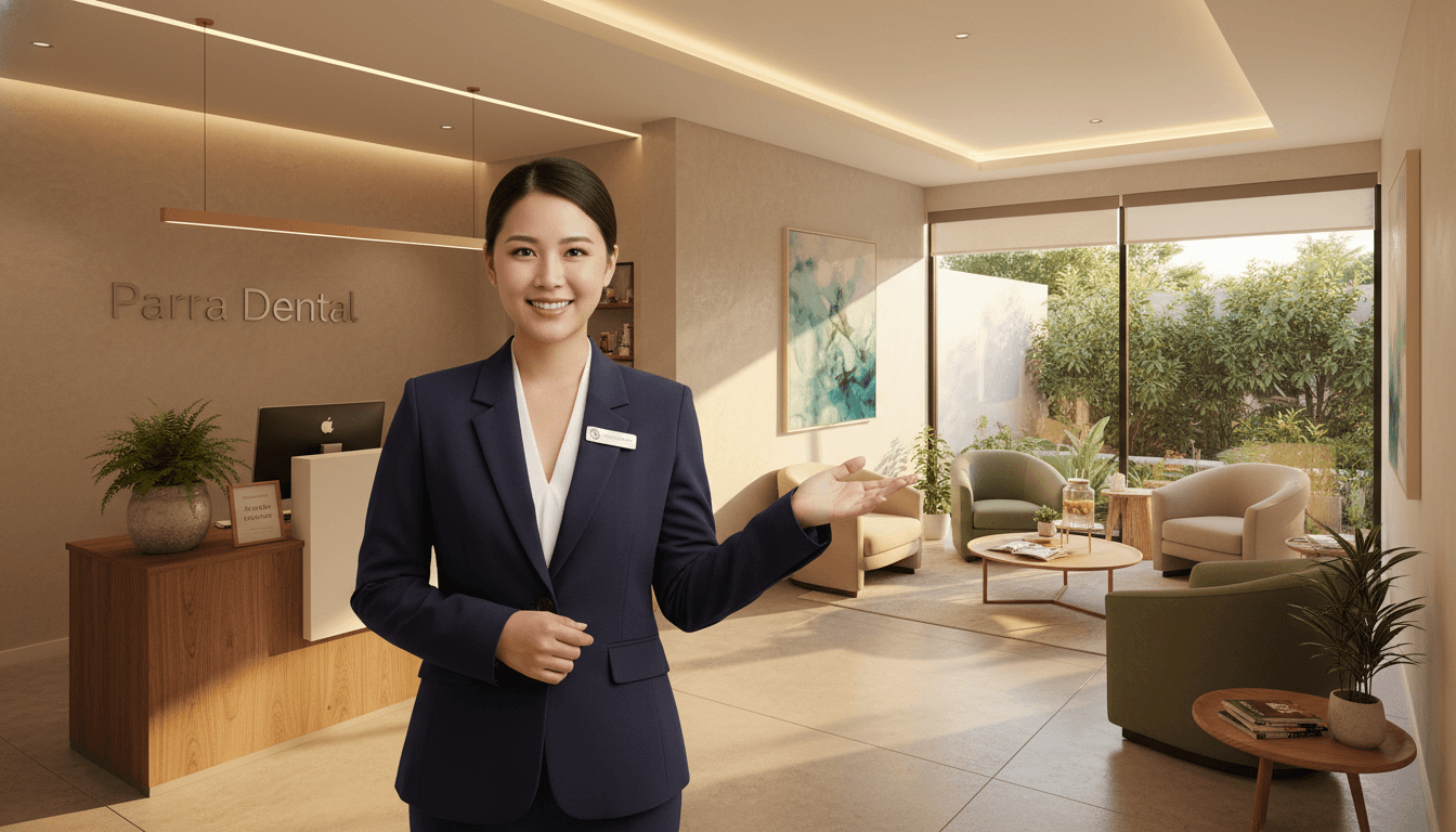 A high-quality, warm, and inviting photograph of a modern dental reception area in Parramatta, featuring a friendly receptionist and a comfortable waiting lounge to reassure nervous patients. A high-quality, warm, and inviting photograph of a modern dental reception area in Parramatta, featuring a friendly receptionist and a comfortable waiting lounge to reassure nervous patients.