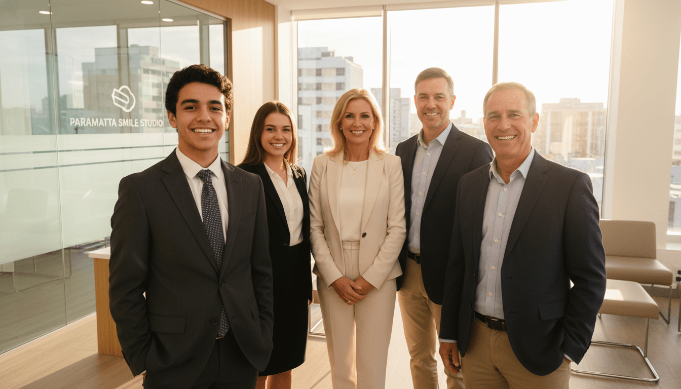 A high-quality, warm photograph of a diverse group of patients, including a teenager and a professional adult, smiling broadly to show perfectly aligned teeth inside a sunlit, modern dental clinic in Parramatta. A high-quality, warm photograph of a diverse group of patients, including a teenager and a professional adult, smiling broadly to show perfectly aligned teeth inside a sunlit, modern dental clinic in Parramatta.
