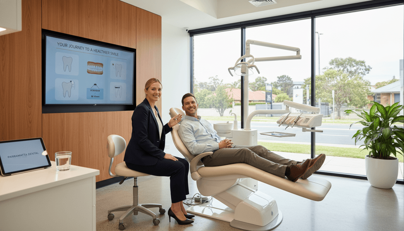 A high-quality, welcoming photo of a modern dental clinic in Parramatta showing a professional dentist discussing a treatment plan with a relaxed patient in a bright, comfortable treatment room. A high-quality, welcoming photo of a modern dental clinic in Parramatta showing a professional dentist discussing a treatment plan with a relaxed patient in a bright, comfortable treatment room.