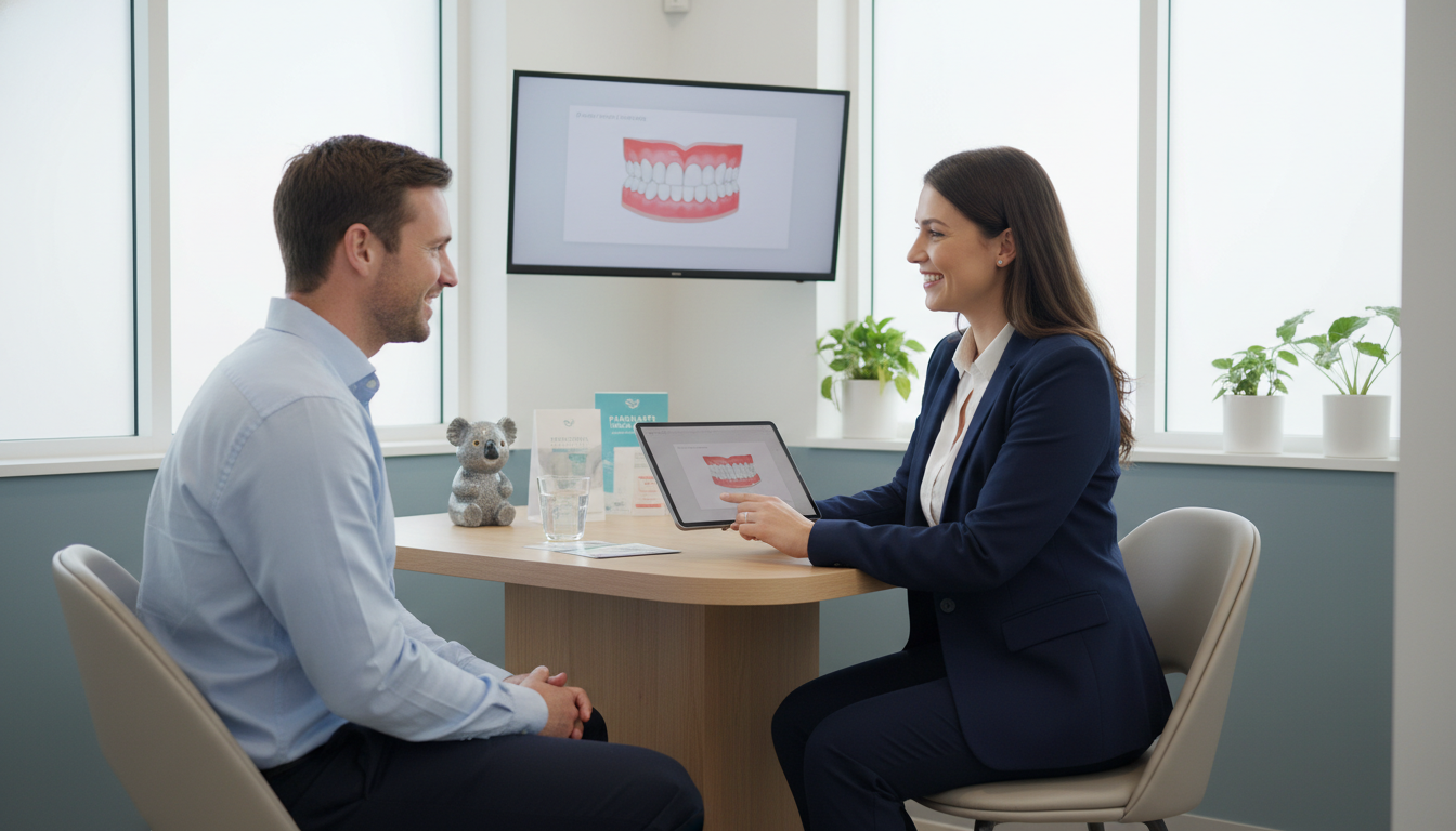 A high-quality, welcoming photo of a modern dental consultation room in Parramatta, featuring a friendly dentist talking warmly to a patient while looking at a digital tablet together, soft natural lighting, Australian clinic setting. A high-quality, welcoming photo of a modern dental consultation room in Parramatta, featuring a friendly dentist talking warmly to a patient while looking at a digital tablet together, soft natural lighting, Australian clinic setting.