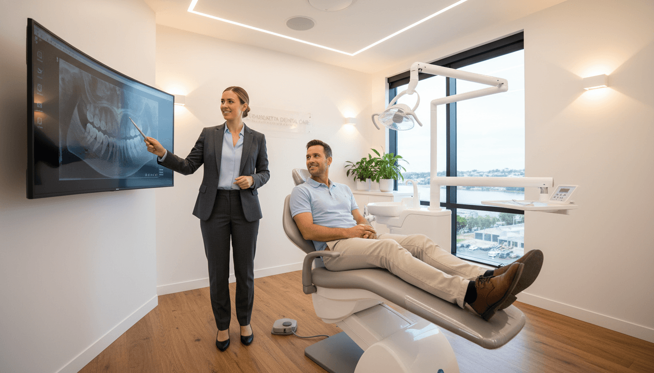 A high-resolution, realistic image of a modern dental clinic in Parramatta, Australia. The scene shows a clean, bright surgery room with a 3D digital imaging screen displaying a jaw scan, a comfortable ergonomic patient chair, and soft warm lighting to create a reassuring atmosphere. A high-resolution, realistic image of a modern dental clinic in Parramatta, Australia. The scene shows a clean, bright surgery room with a 3D digital imaging screen displaying a jaw scan, a comfortable ergonomic patient chair, and soft warm lighting to create a reassuring atmosphere.