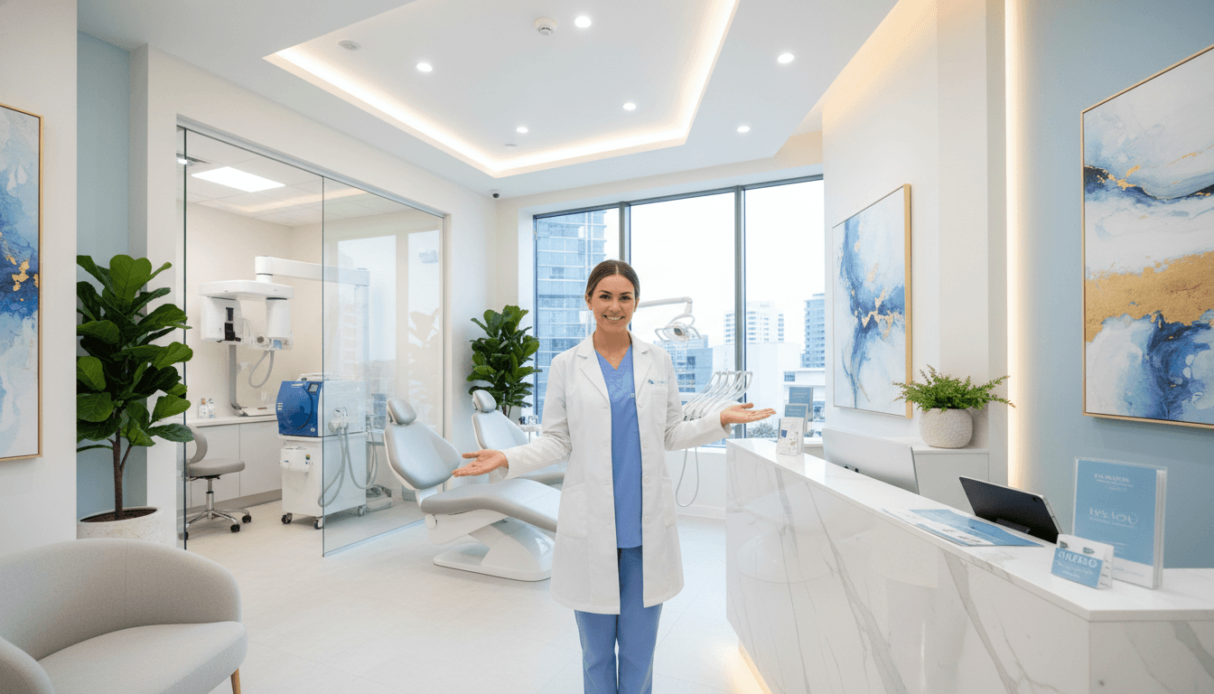 A modern cosmetic dentist office interior in Parramatta, featuring a sleek reception area with elegant dental chairs, a calming color scheme of soft blues and whites, and ambient lighting. In the foreground, a friendly dental hygienist in professional attire smiles and welcomes patients. The middle showcases a contemporary reception desk adorned with promotional brochures, while stylish decor, including plants and artwork, adds warmth to the space. In the background, a clinical area with high-end dental equipment is visible, reflecting cleanliness and sophistication. The atmosphere is inviting and professional, capturing the essence of a state-of-the-art cosmetic dentistry practice. The lighting is bright but soft, creating a soothing ambiance suitable for a dental environment. A modern cosmetic dentist office interior in Parramatta, featuring a sleek reception area with elegant dental chairs, a calming color scheme of soft blues and whites, and ambient lighting. In the foreground, a friendly dental hygienist in professional attire smiles and welcomes patients. The middle showcases a contemporary reception desk adorned with promotional brochures, while stylish decor, including plants and artwork, adds warmth to the space. In the background, a clinical area with high-end dental equipment is visible, reflecting cleanliness and sophistication. The atmosphere is inviting and professional, capturing the essence of a state-of-the-art cosmetic dentistry practice. The lighting is bright but soft, creating a soothing ambiance suitable for a dental environment.