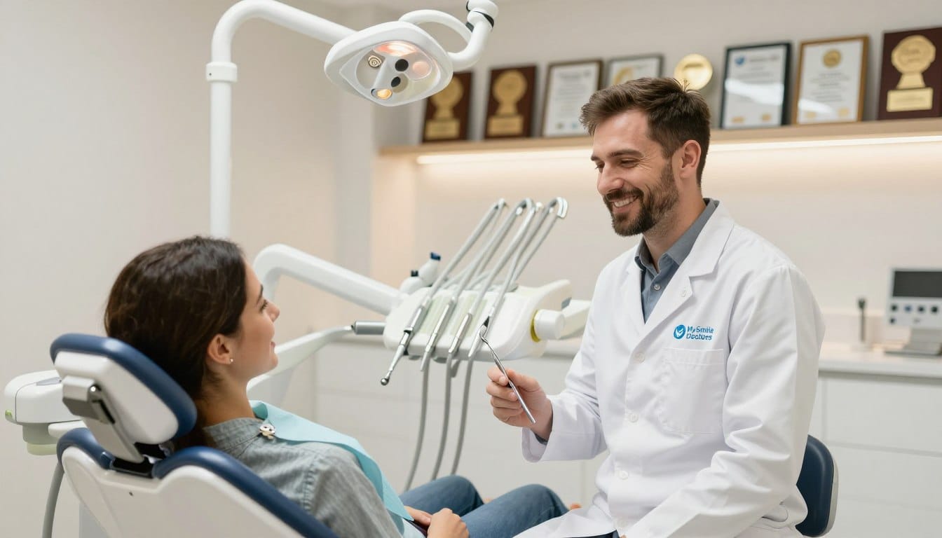 A modern dental clinic in Parramatta, featuring a friendly, professional dentist in a crisp white coat, interacting with a patient in a bright, inviting treatment room. The foreground shows the dentist with a warm smile, holding dental tools, while the patient, in a casual yet neat outfit, sits comfortably in the dental chair. In the middle, a sleek, state-of-the-art dental setup with soft lighting creates a soothing atmosphere. The background reveals a wall adorned with awards and certifications, emphasizing the clinic’s reputation for excellence. The logo “My Smile Doctors” subtly displayed on the dental equipment. The overall mood is calm and reassuring, showcasing award-winning dental care in a welcoming environment. Use a wide-angle lens to capture the space, ensuring warm, natural lighting. A modern dental clinic in Parramatta, featuring a friendly, professional dentist in a crisp white coat, interacting with a patient in a bright, inviting treatment room. The foreground shows the dentist with a warm smile, holding dental tools, while the patient, in a casual yet neat outfit, sits comfortably in the dental chair. In the middle, a sleek, state-of-the-art dental setup with soft lighting creates a soothing atmosphere. The background reveals a wall adorned with awards and certifications, emphasizing the clinic’s reputation for excellence. The logo “My Smile Doctors” subtly displayed on the dental equipment. The overall mood is calm and reassuring, showcasing award-winning dental care in a welcoming environment. Use a wide-angle lens to capture the space, ensuring warm, natural lighting.