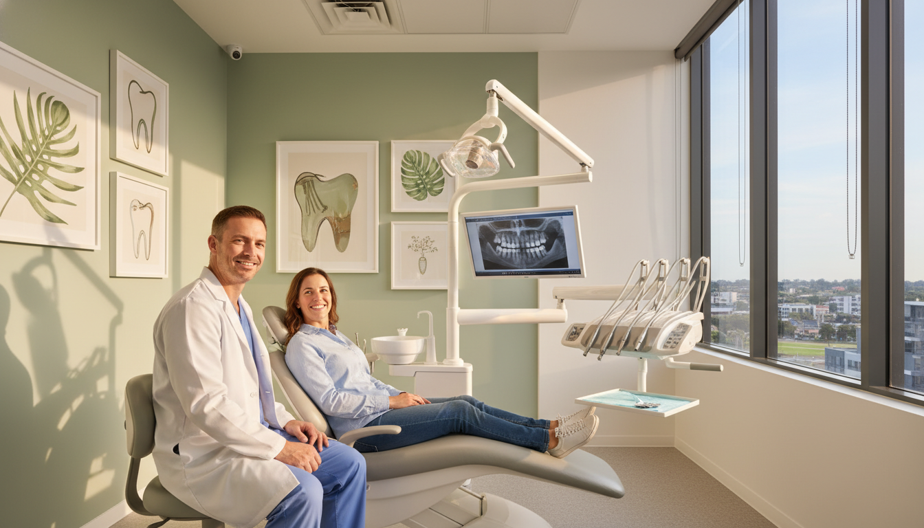 A modern dental clinic interior set in Parramatta, showcasing a warm and inviting atmosphere. In the foreground, a friendly dentist in professional attire is engaging with a patient, both smiling and relaxed, conveying a sense of compassionate care. The middle features a state-of-the-art dental chair surrounded by high-tech dental equipment, with soft natural light streaming through large windows. The walls are adorned with calming colors and framed dental art, enhancing the soothing ambiance. In the background, subtle hints of Parramatta's urban landscape can be seen through the windows, creating a connection to the local community. The image is captured from a slightly angled perspective to add depth, highlighting the inviting nature of the clinic. Overall, the scene evokes feelings of trust, comfort, and professional dental care. A modern dental clinic interior set in Parramatta, showcasing a warm and inviting atmosphere. In the foreground, a friendly dentist in professional attire is engaging with a patient, both smiling and relaxed, conveying a sense of compassionate care. The middle features a state-of-the-art dental chair surrounded by high-tech dental equipment, with soft natural light streaming through large windows. The walls are adorned with calming colors and framed dental art, enhancing the soothing ambiance. In the background, subtle hints of Parramatta's urban landscape can be seen through the windows, creating a connection to the local community. The image is captured from a slightly angled perspective to add depth, highlighting the inviting nature of the clinic. Overall, the scene evokes feelings of trust, comfort, and professional dental care.