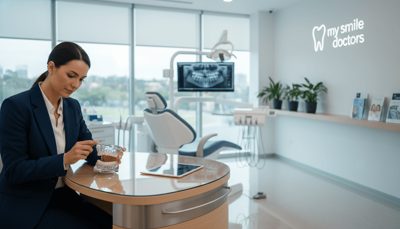 A modern dental clinic interior showcasing an emergency dental implant specialist in Sydney. In the foreground, a friendly dentist wearing professional attire, with a focused expression, examines a dental implant model seated at a sleek, modern dental workstation. The middle ground features a well-lit, clean dental office with state-of-the-art equipment, bright white walls, and large windows allowing natural light to illuminate the room, creating an inviting atmosphere. In the background, subtle decorations emphasize a calm and reassuring environment, such as plants and dental care brochures. The overall mood is professional and sterile, conveying trust and expertise. The branding "my smile doctors" is subtly integrated into the decor without being overt. The image is captured with a soft focus and balanced lighting to enhance a feeling of comfort and professionalism. A modern dental clinic interior showcasing an emergency dental implant specialist in Sydney. In the foreground, a friendly dentist wearing professional attire, with a focused expression, examines a dental implant model seated at a sleek, modern dental workstation. The middle ground features a well-lit, clean dental office with state-of-the-art equipment, bright white walls, and large windows allowing natural light to illuminate the room, creating an inviting atmosphere. In the background, subtle decorations emphasize a calm and reassuring environment, such as plants and dental care brochures. The overall mood is professional and sterile, conveying trust and expertise. The branding "my smile doctors" is subtly integrated into the decor without being overt. The image is captured with a soft focus and balanced lighting to enhance a feeling of comfort and professionalism.