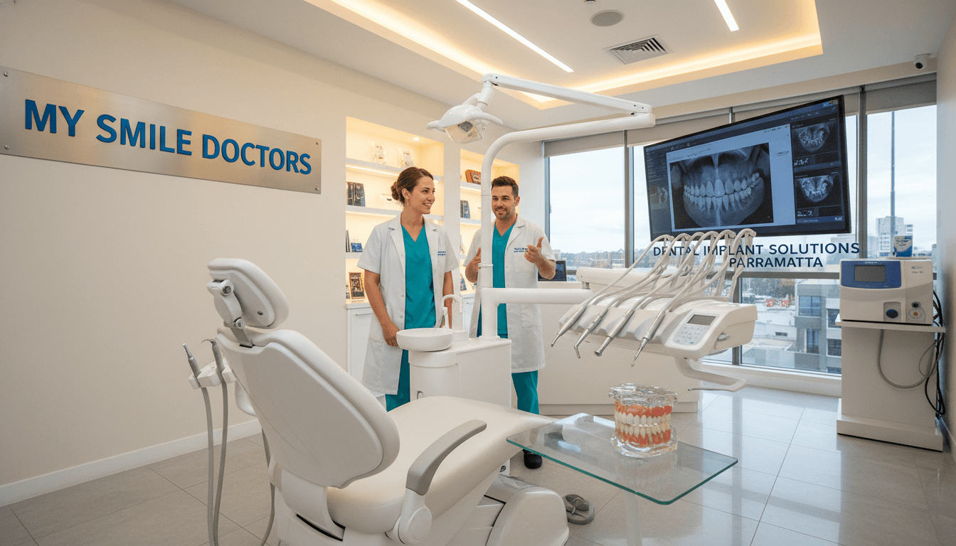 A modern dental clinic interior showcasing "my smile doctors," with a focus on dental implant solutions in Parramatta. In the foreground, a sleek dental chair equipped with high-tech tools and an implant model for demonstration. In the middle, a friendly dentist in professional attire discussing treatment options with a smiling patient, highlighting a sense of reassurance and care. The background features modern dental technology and soft, ambient lighting that creates a warm and inviting atmosphere. The scene is captured using a wide-angle lens, ensuring a clear view of the clinic's clean aesthetics and emphasizing the professionalism and comfort of dental care for tooth replacement. A modern dental clinic interior showcasing "my smile doctors," with a focus on dental implant solutions in Parramatta. In the foreground, a sleek dental chair equipped with high-tech tools and an implant model for demonstration. In the middle, a friendly dentist in professional attire discussing treatment options with a smiling patient, highlighting a sense of reassurance and care. The background features modern dental technology and soft, ambient lighting that creates a warm and inviting atmosphere. The scene is captured using a wide-angle lens, ensuring a clear view of the clinic's clean aesthetics and emphasizing the professionalism and comfort of dental care for tooth replacement.