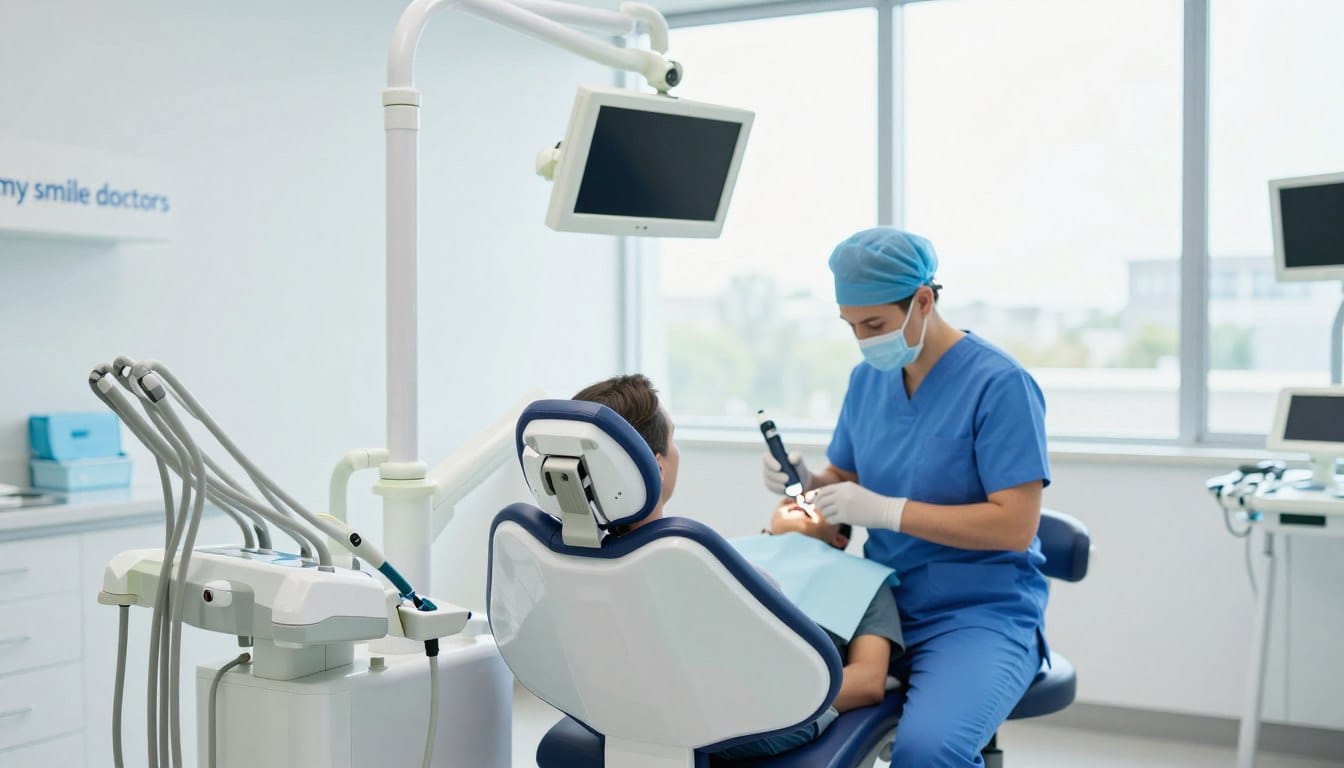 A modern dental clinic interior showcasing state-of-the-art dental technology. In the foreground, a sleek, high-tech dental chair with advanced diagnostic equipment, including digital imaging tools and an intraoral scanner, highlighting precision and effectiveness. In the middle ground, a dental professional in professional attire, skillfully using the latest dental techniques on a patient, emphasizing a comfortable, reassuring atmosphere. In the background, bright, natural light floods through large windows, enriching the clinical environment with a welcoming glow. The color palette features calming blues and whites to enhance the sense of cleanliness and professionalism. The clinic's branding "my smile doctors" is subtly integrated into the design elements, reinforcing the focus on quality dental care and innovation. A modern dental clinic interior showcasing state-of-the-art dental technology. In the foreground, a sleek, high-tech dental chair with advanced diagnostic equipment, including digital imaging tools and an intraoral scanner, highlighting precision and effectiveness. In the middle ground, a dental professional in professional attire, skillfully using the latest dental techniques on a patient, emphasizing a comfortable, reassuring atmosphere. In the background, bright, natural light floods through large windows, enriching the clinical environment with a welcoming glow. The color palette features calming blues and whites to enhance the sense of cleanliness and professionalism. The clinic's branding "my smile doctors" is subtly integrated into the design elements, reinforcing the focus on quality dental care and innovation.