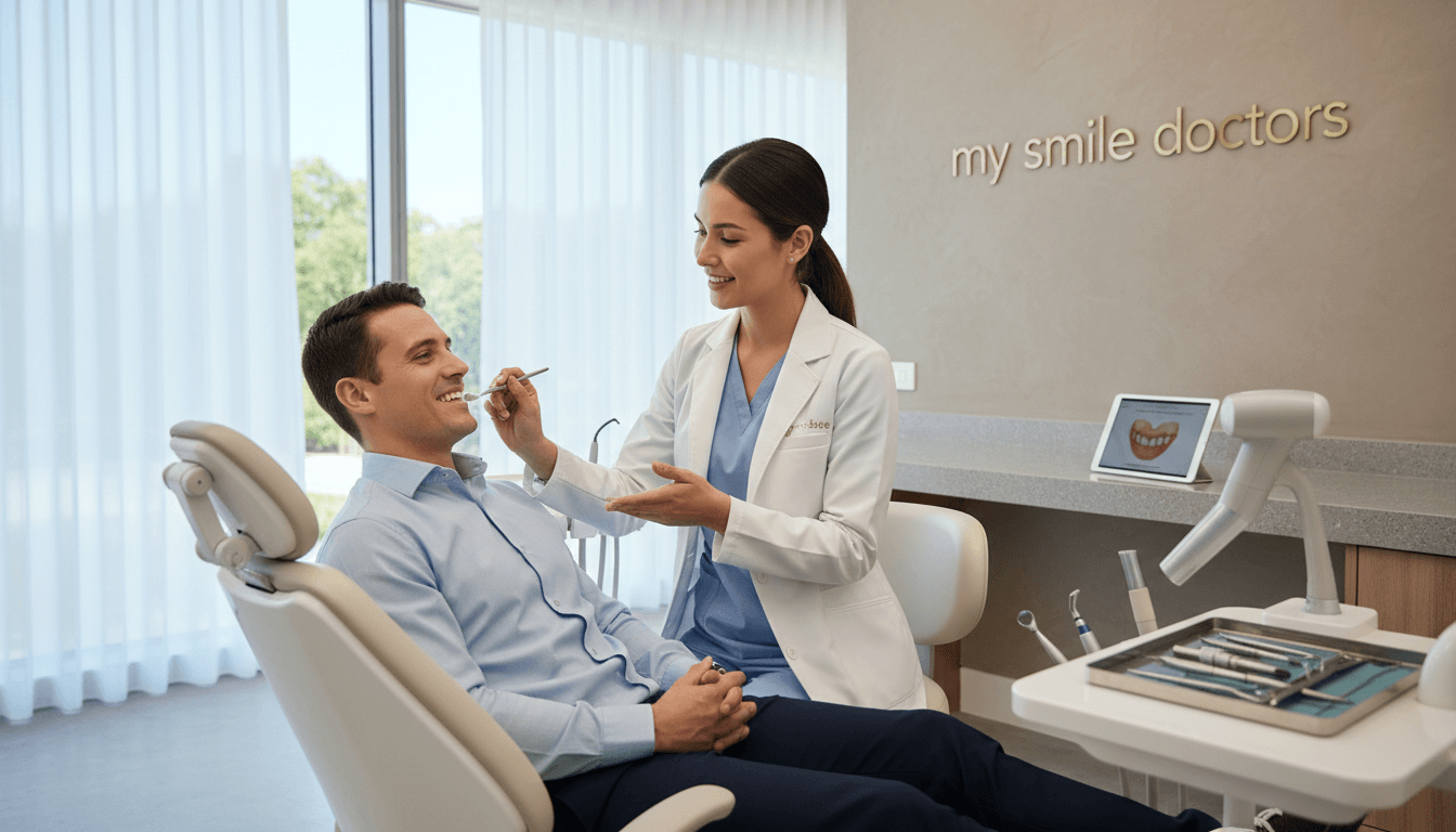 A modern dental clinic interior showcasing the best dental crown services. In the foreground, a skilled dentist in professional attire is carefully examining a patient’s mouth, demonstrating pleasant interaction and expertise. The patient, comfortably seated in a dental chair, displays a relaxed expression, highlighting trust and satisfaction. In the middle ground, a variety of dental tools and a high-tech 3D scanner are visible on a sleek countertop, indicating advanced technology. The background features large, bright windows allowing natural light to flood the space, creating a warm and inviting atmosphere. Soft, neutral colors dominate the décor, with the brand name "my smile doctors" subtly displayed on the wall. The overall mood conveys professionalism, comfort, and the quality of care that patients can expect. A modern dental clinic interior showcasing the best dental crown services. In the foreground, a skilled dentist in professional attire is carefully examining a patient’s mouth, demonstrating pleasant interaction and expertise. The patient, comfortably seated in a dental chair, displays a relaxed expression, highlighting trust and satisfaction. In the middle ground, a variety of dental tools and a high-tech 3D scanner are visible on a sleek countertop, indicating advanced technology. The background features large, bright windows allowing natural light to flood the space, creating a warm and inviting atmosphere. Soft, neutral colors dominate the décor, with the brand name "my smile doctors" subtly displayed on the wall. The overall mood conveys professionalism, comfort, and the quality of care that patients can expect.
