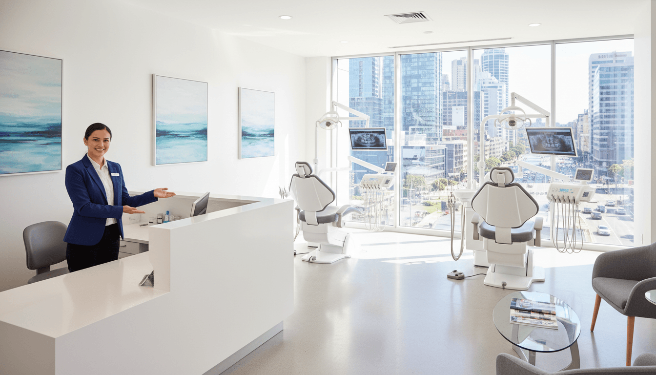 A modern dental clinic located in the heart of Parramatta, Sydney. The foreground features a sleek reception desk with a friendly staff member in professional attire, welcoming patients. In the middle, two dental chairs are visible with high-tech dental equipment, surrounded by bright, clean white walls decorated with calming artwork. Large windows allow natural light to flood the space, enhancing the clean and inviting atmosphere. In the background, the bustling city of Parramatta can be seen through the windows, providing a sense of location and convenience. The lighting is bright yet soft, creating a warm, professional environment. The overall mood is one of care and comfort, emphasizing a sense of trust and professionalism in dental care. A modern dental clinic located in the heart of Parramatta, Sydney. The foreground features a sleek reception desk with a friendly staff member in professional attire, welcoming patients. In the middle, two dental chairs are visible with high-tech dental equipment, surrounded by bright, clean white walls decorated with calming artwork. Large windows allow natural light to flood the space, enhancing the clean and inviting atmosphere. In the background, the bustling city of Parramatta can be seen through the windows, providing a sense of location and convenience. The lighting is bright yet soft, creating a warm, professional environment. The overall mood is one of care and comfort, emphasizing a sense of trust and professionalism in dental care.