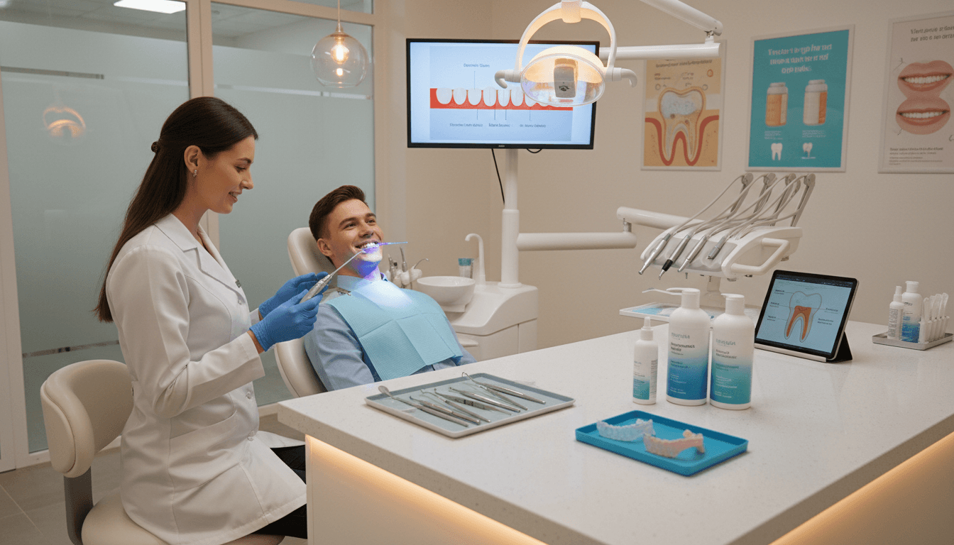 A modern dental clinic setting showcasing a teeth whitening treatment focused on addressing both extrinsic and intrinsic stains. In the foreground, a dental professional in a white coat attentively explains the process to a patient seated in a sleek dental chair, both depicted with friendly expressions. The middle ground features various dental tools and whitening products neatly arranged on a counter, illuminated by soft, warm lighting for a welcoming atmosphere. The background reveals a clean, well-organized treatment room with dental equipment and posters illustrating teeth health. The overall mood conveys professionalism and care, emphasizing the importance of effective teeth whitening options. The image is shot from a slightly elevated angle to capture the interaction and surrounding details effectively. A modern dental clinic setting showcasing a teeth whitening treatment focused on addressing both extrinsic and intrinsic stains. In the foreground, a dental professional in a white coat attentively explains the process to a patient seated in a sleek dental chair, both depicted with friendly expressions. The middle ground features various dental tools and whitening products neatly arranged on a counter, illuminated by soft, warm lighting for a welcoming atmosphere. The background reveals a clean, well-organized treatment room with dental equipment and posters illustrating teeth health. The overall mood conveys professionalism and care, emphasizing the importance of effective teeth whitening options. The image is shot from a slightly elevated angle to capture the interaction and surrounding details effectively.