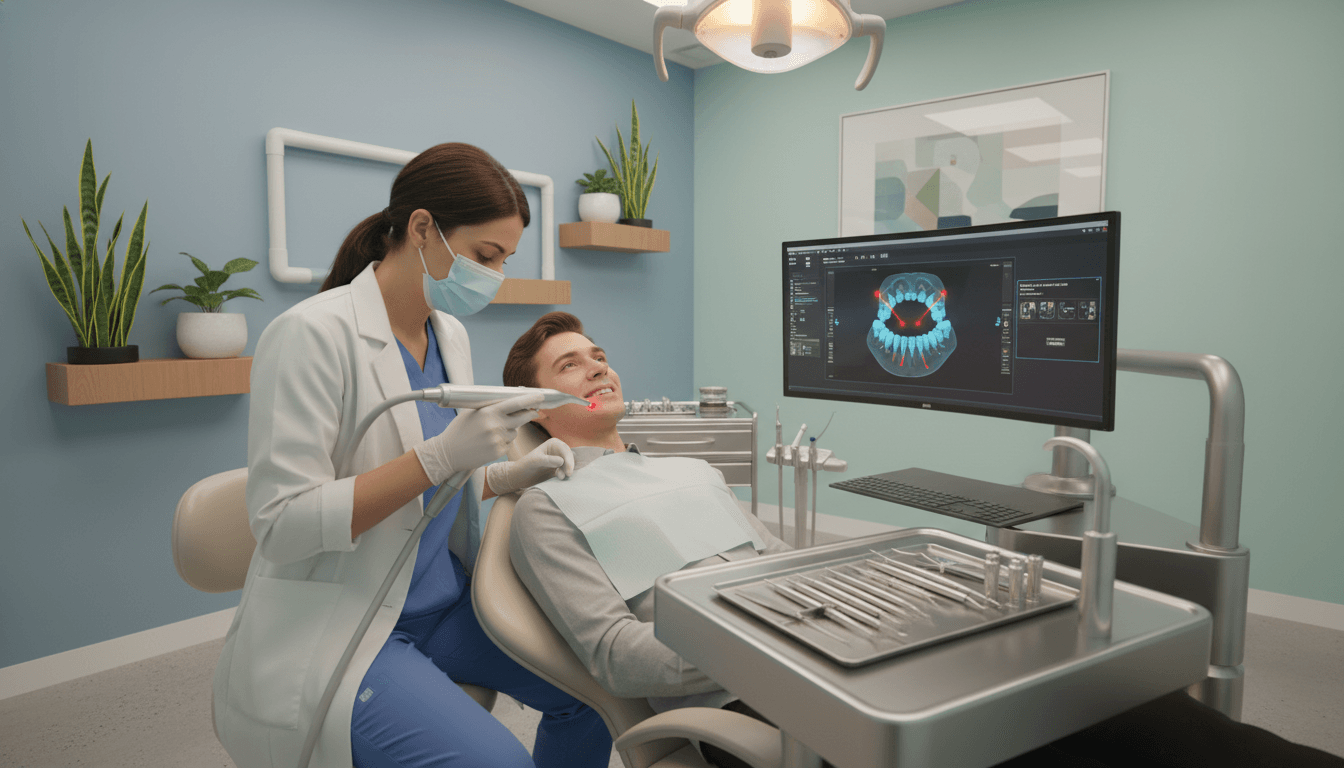 A modern dental clinic showcasing advanced dental techniques. In the foreground, a dentist, dressed in professional scrubs and a face mask, is using a state-of-the-art dental laser on a patient. The patient, reclining comfortably in a high-tech dental chair, appears relaxed, with soft lighting highlighting their gentle smile. In the middle ground, dental instruments and a computer monitor displaying a 3D model of teeth are visible, symbolizing precision and innovation. The background features calming colors, with minimalist decor and plants to create a soothing atmosphere. The overall mood is one of professionalism and serenity, reflecting a commitment to comfort and care in dental practices. The scene is brightly lit, with a focus on the clinical yet welcoming environment. A modern dental clinic showcasing advanced dental techniques. In the foreground, a dentist, dressed in professional scrubs and a face mask, is using a state-of-the-art dental laser on a patient. The patient, reclining comfortably in a high-tech dental chair, appears relaxed, with soft lighting highlighting their gentle smile. In the middle ground, dental instruments and a computer monitor displaying a 3D model of teeth are visible, symbolizing precision and innovation. The background features calming colors, with minimalist decor and plants to create a soothing atmosphere. The overall mood is one of professionalism and serenity, reflecting a commitment to comfort and care in dental practices. The scene is brightly lit, with a focus on the clinical yet welcoming environment.
