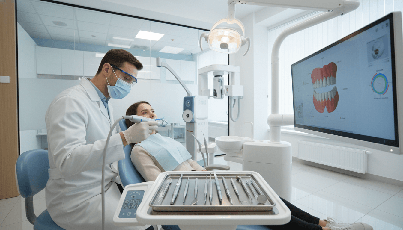 A modern dental clinic showcasing advanced techniques and cutting-edge technology. In the foreground, a dentist in a white coat, wearing protective glasses and a mask, gently using a digital scanner on a patient seated in a high-tech dental chair. The middle section features various dental instruments and a sleek digital display showing 3D images of teeth. In the background, advanced dental equipment, such as a laser treatment device and an X-ray imaging machine, is visible. The atmosphere is bright and clean, with soft lighting illuminating the space, creating a sense of comfort and professionalism. The angle is slightly elevated, capturing both the dentist and the technology in harmonious collaboration. A modern dental clinic showcasing advanced techniques and cutting-edge technology. In the foreground, a dentist in a white coat, wearing protective glasses and a mask, gently using a digital scanner on a patient seated in a high-tech dental chair. The middle section features various dental instruments and a sleek digital display showing 3D images of teeth. In the background, advanced dental equipment, such as a laser treatment device and an X-ray imaging machine, is visible. The atmosphere is bright and clean, with soft lighting illuminating the space, creating a sense of comfort and professionalism. The angle is slightly elevated, capturing both the dentist and the technology in harmonious collaboration.
