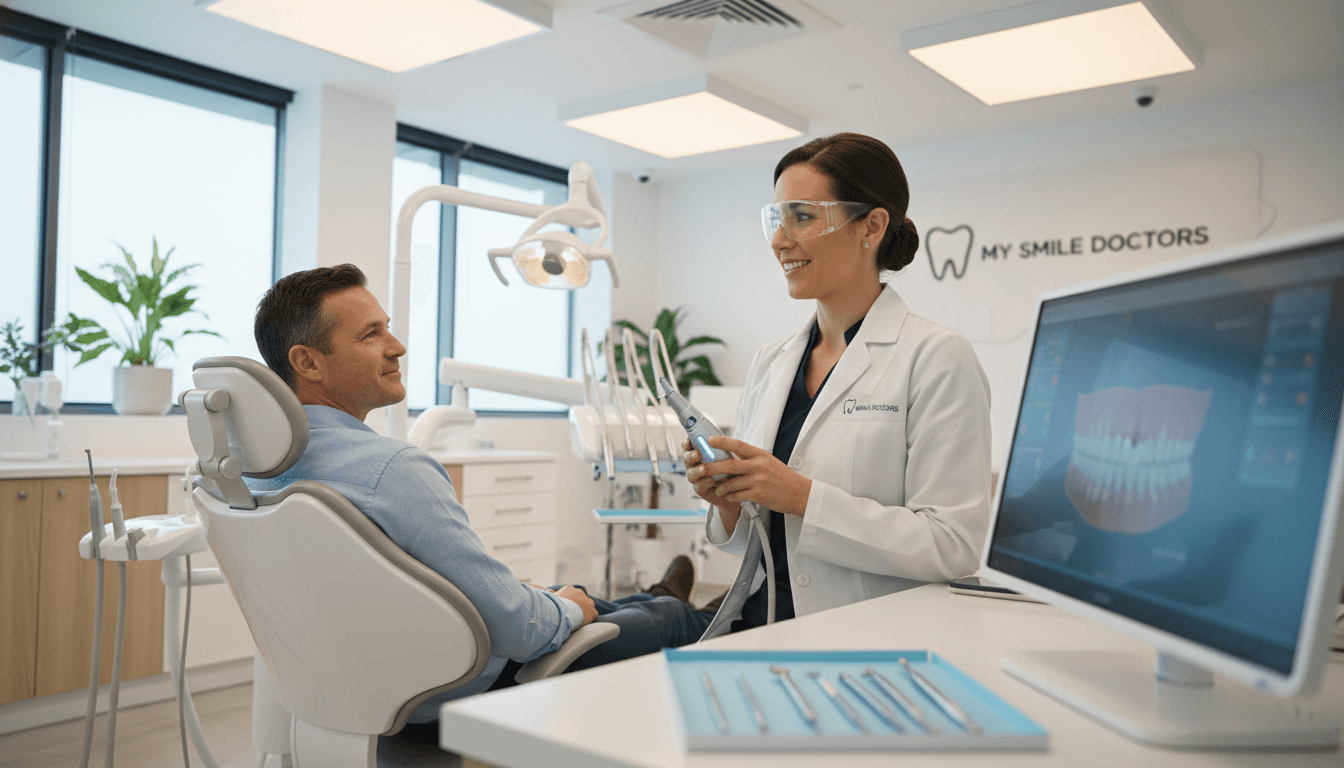 A modern dental implant clinic in Sydney featuring advanced technology and a clean, welcoming environment. In the foreground, a professional dentist wearing a white coat and safety glasses examines a high-tech dental implant device. The dentist is smiling and engaging with a patient, who appears comfortable and at ease. In the middle, dental tools and a digital screen displaying 3D implant simulations are visible, adding depth to the scene. The background showcases sleek dental chairs and bright, soothing lighting, creating a reassuring atmosphere. The overall mood is professional yet friendly, highlighting the painless and innovative approach of "my smile doctors" in dental implant procedures. Use a bright, natural light setting with a slightly shallow depth of field to focus on the main subjects while softening the background. A modern dental implant clinic in Sydney featuring advanced technology and a clean, welcoming environment. In the foreground, a professional dentist wearing a white coat and safety glasses examines a high-tech dental implant device. The dentist is smiling and engaging with a patient, who appears comfortable and at ease. In the middle, dental tools and a digital screen displaying 3D implant simulations are visible, adding depth to the scene. The background showcases sleek dental chairs and bright, soothing lighting, creating a reassuring atmosphere. The overall mood is professional yet friendly, highlighting the painless and innovative approach of "my smile doctors" in dental implant procedures. Use a bright, natural light setting with a slightly shallow depth of field to focus on the main subjects while softening the background.