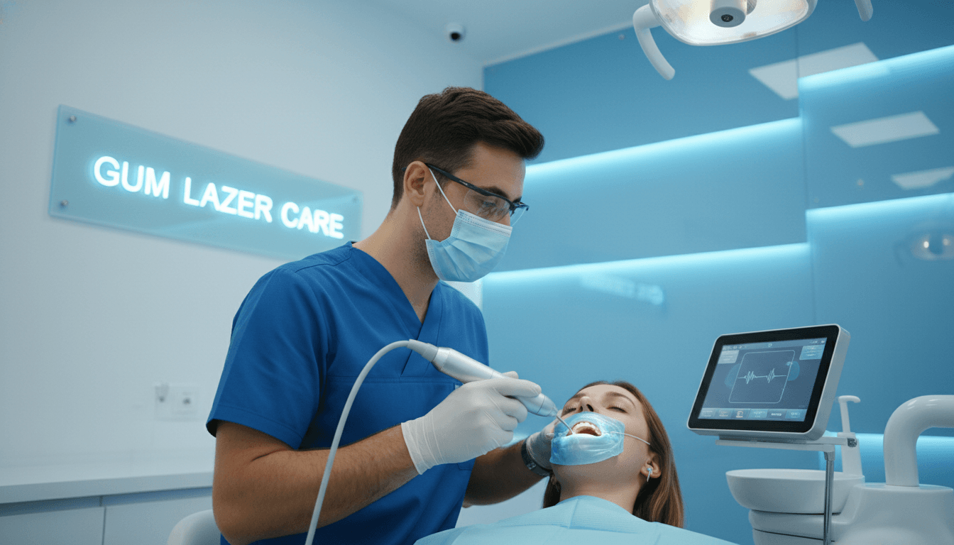 A modern dental laser device being used by a professional dentist in a sterile clinic, with soft blue lighting to represent high-tech, gentle gum care. A modern dental laser device being used by a professional dentist in a sterile clinic, with soft blue lighting to represent high-tech, gentle gum care.