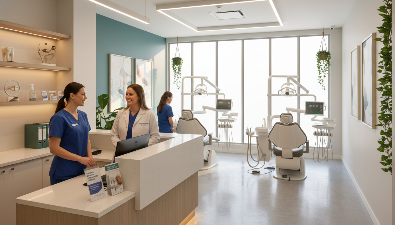 A modern dental office interior in Parramatta, showcasing a welcoming reception area with friendly staff members in professional attire. In the foreground, a cheerful dental receptionist is engaging with a patient at the front desk surrounded by dental brochures about flexible payment plans and health fund benefits. In the middle ground, display dental chairs and equipment along with a large window allowing natural light to pour in, illuminating the space and creating an inviting ambiance. The background features tasteful decor with calming colors and a hint of greenery for a relaxing atmosphere. Use warm lighting, captured from a slightly elevated angle to convey a sense of warmth and professionalism, emphasizing quality dental care and friendly service in a contemporary setting. A modern dental office interior in Parramatta, showcasing a welcoming reception area with friendly staff members in professional attire. In the foreground, a cheerful dental receptionist is engaging with a patient at the front desk surrounded by dental brochures about flexible payment plans and health fund benefits. In the middle ground, display dental chairs and equipment along with a large window allowing natural light to pour in, illuminating the space and creating an inviting ambiance. The background features tasteful decor with calming colors and a hint of greenery for a relaxing atmosphere. Use warm lighting, captured from a slightly elevated angle to convey a sense of warmth and professionalism, emphasizing quality dental care and friendly service in a contemporary setting.