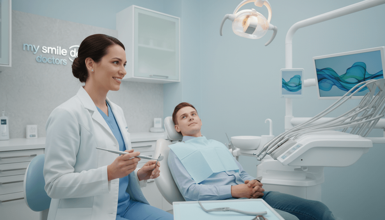 A modern dental surgery room in Parramatta, focused on a calming tooth extraction procedure. In the foreground, a smiling, professionally dressed dentist is gently holding a dental instrument, exuding a sense of trust and care. The middle ground features a patient, comfortably seated in a dental chair, looking relaxed, with soothing colors in the room – light blues and whites – to create an anxiety-free atmosphere. In the background, soft, indirect lighting illuminates dental equipment, including monitors displaying calming images. The shot is taken at a slightly elevated angle, giving a clear view of the environment. The branding "my smile doctors" is subtly integrated into the room’s decor, enhancing the professional setting without any overt logos. The mood is tranquil and reassuring, inviting trust in the dental process. A modern dental surgery room in Parramatta, focused on a calming tooth extraction procedure. In the foreground, a smiling, professionally dressed dentist is gently holding a dental instrument, exuding a sense of trust and care. The middle ground features a patient, comfortably seated in a dental chair, looking relaxed, with soothing colors in the room – light blues and whites – to create an anxiety-free atmosphere. In the background, soft, indirect lighting illuminates dental equipment, including monitors displaying calming images. The shot is taken at a slightly elevated angle, giving a clear view of the environment. The branding "my smile doctors" is subtly integrated into the room’s decor, enhancing the professional setting without any overt logos. The mood is tranquil and reassuring, inviting trust in the dental process.