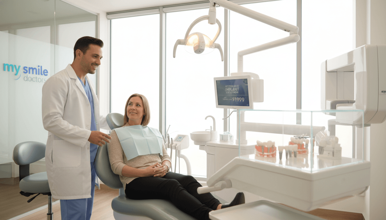 A modern, inviting dental clinic interior focusing on affordable dental implant surgery. In the foreground, a confident, smiling dentist in professional attire is interacting with a patient seated in a dental chair, looking calm and reassured. The middle-ground features advanced dental equipment and a clear display of dental implant models, symbolizing affordability. In the background, a large window lets in natural light, illuminating the clean, sterile environment and providing a warm atmosphere. The clinic's logo, "my smile doctors," is subtly visible on a wall. The image conveys trust, professionalism, and a sense of comfort, ideal for patients considering dental implant solutions in Sydney. Use a bright and airy lighting scheme, captured with a soft-focus lens to create an approachable and friendly mood. A modern, inviting dental clinic interior focusing on affordable dental implant surgery. In the foreground, a confident, smiling dentist in professional attire is interacting with a patient seated in a dental chair, looking calm and reassured. The middle-ground features advanced dental equipment and a clear display of dental implant models, symbolizing affordability. In the background, a large window lets in natural light, illuminating the clean, sterile environment and providing a warm atmosphere. The clinic's logo, "my smile doctors," is subtly visible on a wall. The image conveys trust, professionalism, and a sense of comfort, ideal for patients considering dental implant solutions in Sydney. Use a bright and airy lighting scheme, captured with a soft-focus lens to create an approachable and friendly mood.