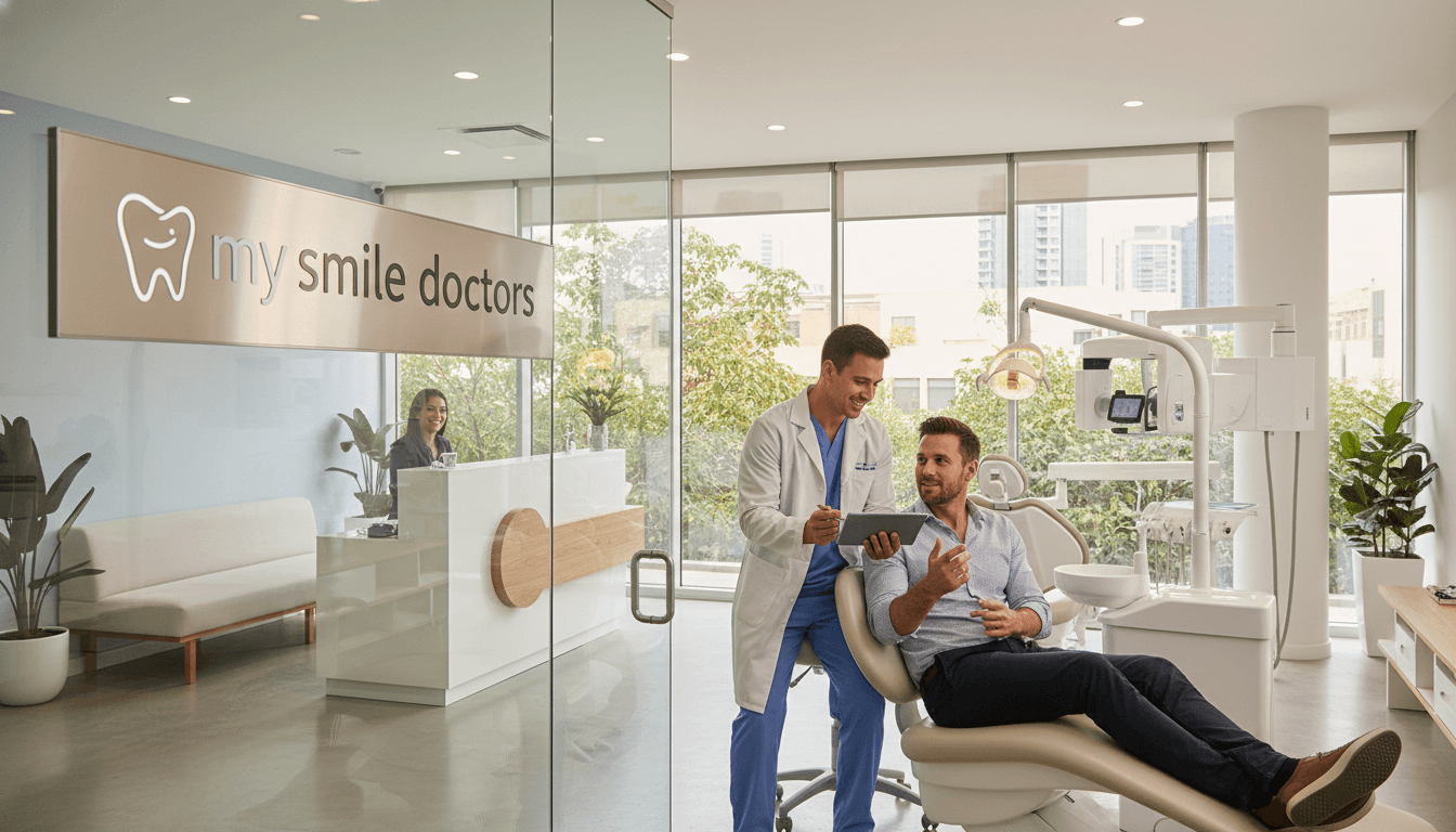A modern, welcoming dental clinic in Sydney, branded with "my smile doctors" prominently displayed on a stylish sign at the entrance. The foreground features a friendly dentist in professional attire engaged in a consultation with a patient, both appearing relaxed and comfortable. In the middle ground, sleek dental equipment and a bright, clean reception area visible, radiating a sense of professionalism and care. The background showcases large windows allowing natural light to flood the space, with greenery just outside to create a soothing atmosphere. The lighting is bright but soft, emphasizing a clean and inviting ambiance. Capture the essence of a top-notch dental implant clinic with a focus on gentle, affordable solutions in a serene, organized setting. A modern, welcoming dental clinic in Sydney, branded with "my smile doctors" prominently displayed on a stylish sign at the entrance. The foreground features a friendly dentist in professional attire engaged in a consultation with a patient, both appearing relaxed and comfortable. In the middle ground, sleek dental equipment and a bright, clean reception area visible, radiating a sense of professionalism and care. The background showcases large windows allowing natural light to flood the space, with greenery just outside to create a soothing atmosphere. The lighting is bright but soft, emphasizing a clean and inviting ambiance. Capture the essence of a top-notch dental implant clinic with a focus on gentle, affordable solutions in a serene, organized setting.
