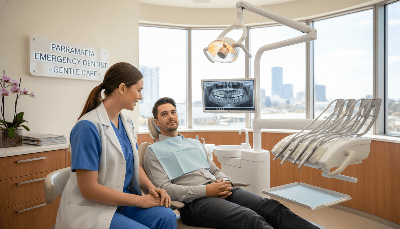 A professional and comforting image of an emergency dentist in Parramatta providing gentle care to a patient, modern dental surgery background, warm and reassuring atmosphere, high quality. A professional and comforting image of an emergency dentist in Parramatta providing gentle care to a patient, modern dental surgery background, warm and reassuring atmosphere, high quality.