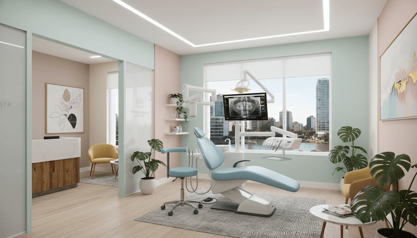 A professional and modern dental clinic interior in Parramatta, Australia, showing a clean treatment room with advanced technology, a soft pastel colour palette to reduce anxiety, and a warm, welcoming atmosphere, high resolution, photorealistic style. A professional and modern dental clinic interior in Parramatta, Australia, showing a clean treatment room with advanced technology, a soft pastel colour palette to reduce anxiety, and a warm, welcoming atmosphere, high resolution, photorealistic style.