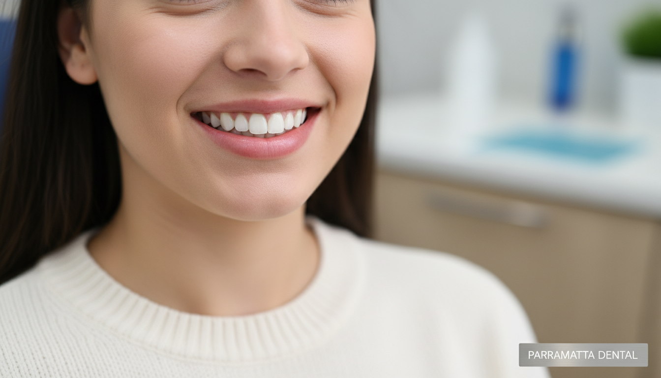 A professional and warm close-up photo of a patient at a Parramatta dental clinic showing a subtly improved, natural-looking smile after a composite bonding procedure, high-quality dental photography style. A professional and warm close-up photo of a patient at a Parramatta dental clinic showing a subtly improved, natural-looking smile after a composite bonding procedure, high-quality dental photography style.