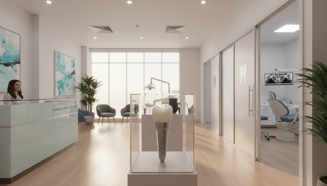 A professional and warm dental clinic interior in Parramatta, showcasing a high-quality titanium dental implant with a realistic porcelain crown, soft natural lighting, high resolution, clinical yet welcoming aesthetic. A professional and warm dental clinic interior in Parramatta, showcasing a high-quality titanium dental implant with a realistic porcelain crown, soft natural lighting, high resolution, clinical yet welcoming aesthetic.
