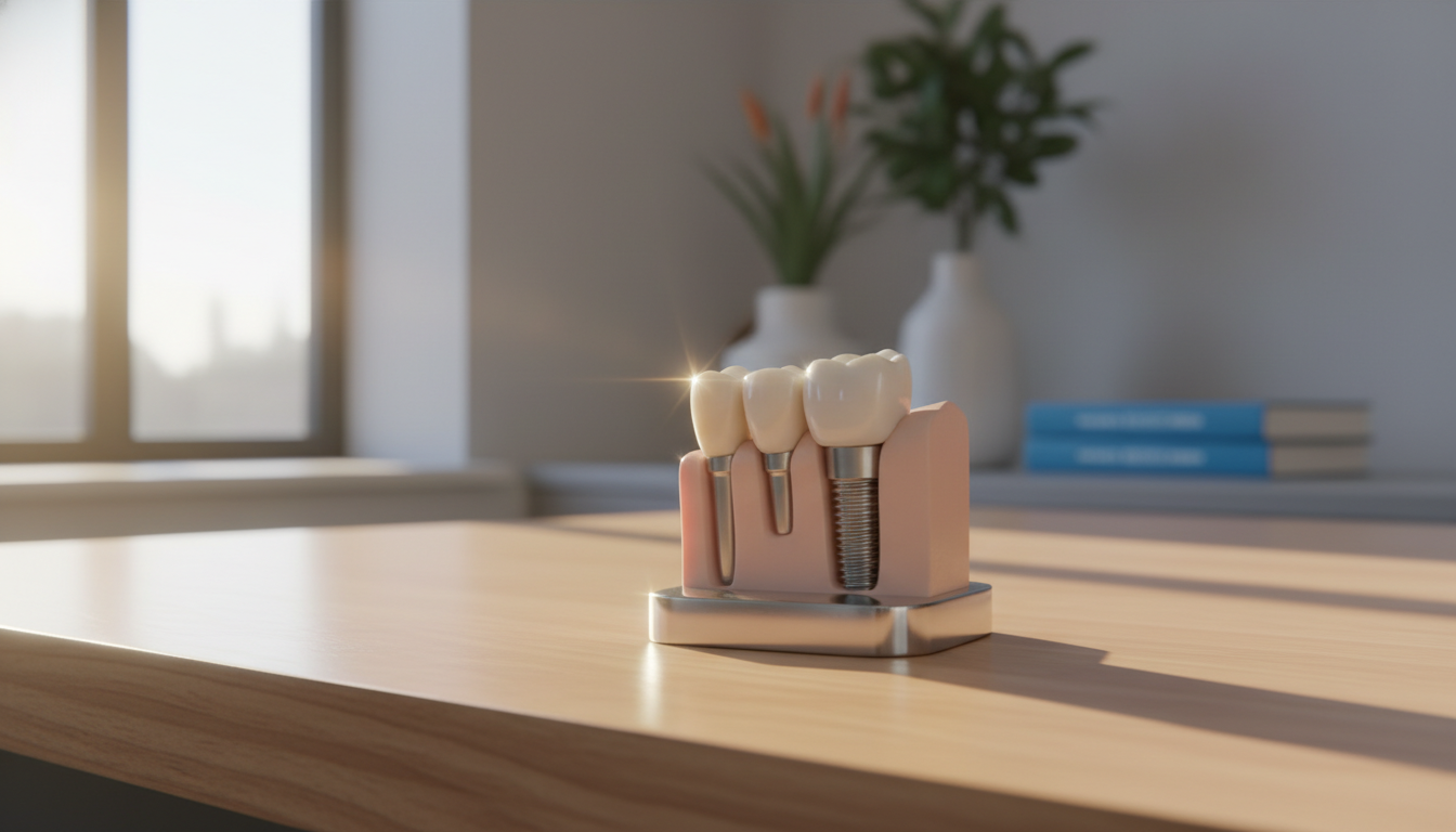 A professional and warm photograph of a dental implant model on a wooden desk in a modern Australian clinic, showing a natural-looking porcelain crown, soft morning sunlight, calming atmosphere. A professional and warm photograph of a dental implant model on a wooden desk in a modern Australian clinic, showing a natural-looking porcelain crown, soft morning sunlight, calming atmosphere.