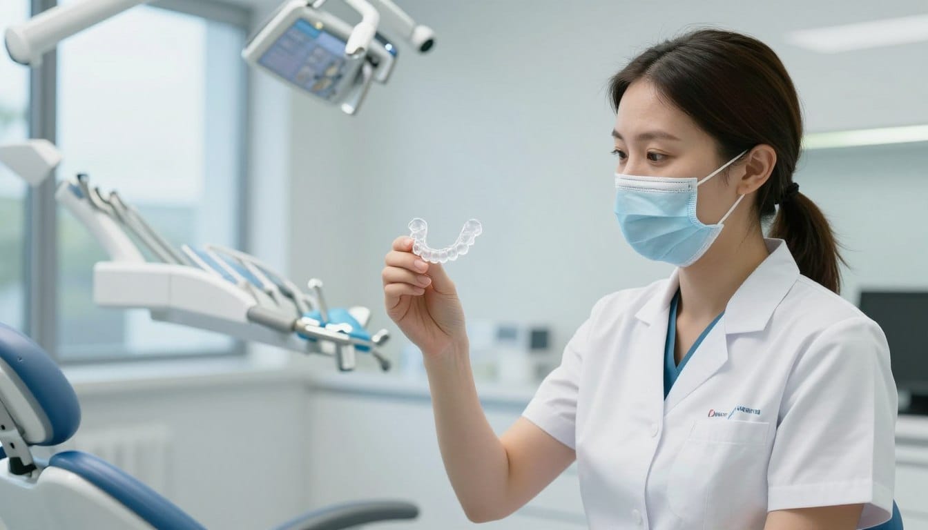 A professional dental clinic interior in Parramatta, showcasing a clear Invisalign aligner held delicately by a dentist, soft natural lighting, high resolution, 4k. A professional dental clinic interior in Parramatta, showcasing a clear Invisalign aligner held delicately by a dentist, soft natural lighting, high resolution, 4k.
