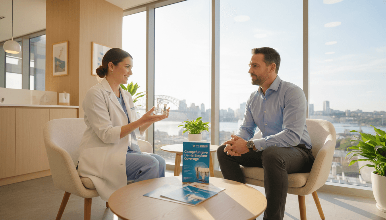 A professional dental clinic scene in Sydney, showcasing a modern waiting area with soft, warm lighting. In the foreground, a friendly dentist in a white coat, holding a dental implant model, is engaged in a consultation with a patient wearing business casual attire. The midground displays informational brochures about dental implant insurance coverage, focusing on "my smile doctors." In the background, there are large windows revealing a bright Sydney skyline, enhancing the atmosphere of trust and professionalism. The overall mood is calm and reassuring, ideal for a healthcare setting. Shot with a slight angle to create depth, utilizing a shallow depth of field to highlight the dentist and patient interaction. A professional dental clinic scene in Sydney, showcasing a modern waiting area with soft, warm lighting. In the foreground, a friendly dentist in a white coat, holding a dental implant model, is engaged in a consultation with a patient wearing business casual attire. The midground displays informational brochures about dental implant insurance coverage, focusing on "my smile doctors." In the background, there are large windows revealing a bright Sydney skyline, enhancing the atmosphere of trust and professionalism. The overall mood is calm and reassuring, ideal for a healthcare setting. Shot with a slight angle to create depth, utilizing a shallow depth of field to highlight the dentist and patient interaction.
