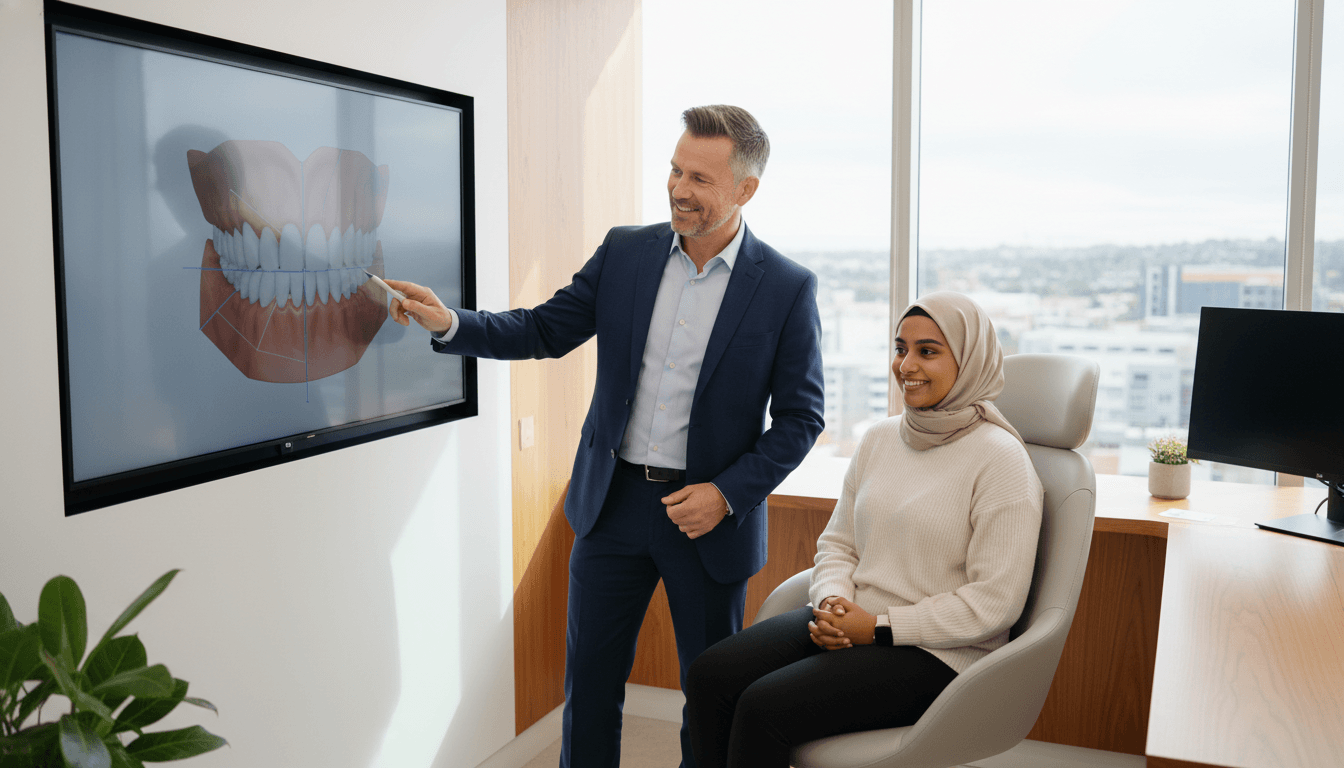 A professional dental consultation in Parramatta NSW, showing a friendly dentist explaining a digital treatment plan to a smiling patient in a bright, modern clinical room with warm timber accents.