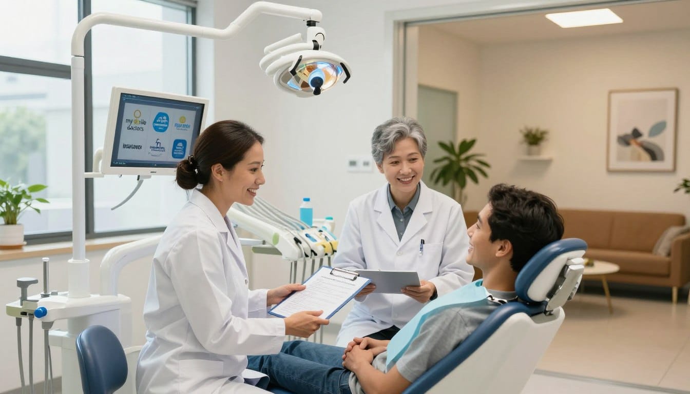 A professional dental office environment illustrating the concept of insurance partnerships for dental care. In the foreground, two dentists dressed in smart professional attire, are discussing treatment plans with a smiling patient seated in a modern dental chair. The middle ground features dental equipment and a digital display showcasing insurance logos including "my smile doctors," emphasizing collaboration with health funds. The background includes a warm, inviting waiting area decorated with plants and art, enhancing the overall comfort of the space. Soft, natural lighting streams through large windows, creating a friendly and approachable atmosphere. The overall mood is optimistic and reassuring, conveying the importance of accessible dental care through partnerships. Use a wide-angle lens to capture the full environment, maintaining a clear focus on the interactions between the dental professionals and the patient. A professional dental office environment illustrating the concept of insurance partnerships for dental care. In the foreground, two dentists dressed in smart professional attire, are discussing treatment plans with a smiling patient seated in a modern dental chair. The middle ground features dental equipment and a digital display showcasing insurance logos including "my smile doctors," emphasizing collaboration with health funds. The background includes a warm, inviting waiting area decorated with plants and art, enhancing the overall comfort of the space. Soft, natural lighting streams through large windows, creating a friendly and approachable atmosphere. The overall mood is optimistic and reassuring, conveying the importance of accessible dental care through partnerships. Use a wide-angle lens to capture the full environment, maintaining a clear focus on the interactions between the dental professionals and the patient.