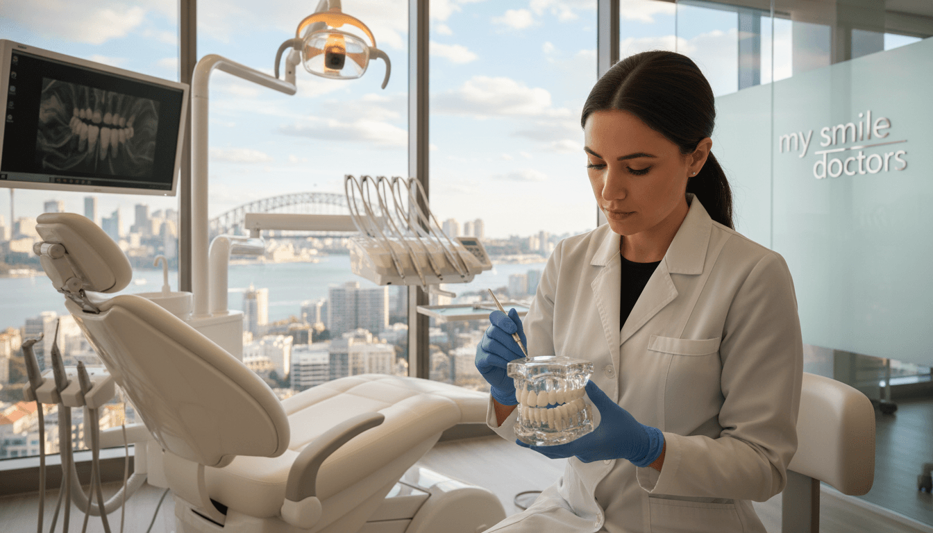 A professional dental office scene featuring high-quality dental implants in Sydney. In the foreground, a skilled dentist in a white coat and gloves is attentively examining a dental implant model, showcasing precision and care. The middle ground includes a clean and modern dental chair, with state-of-the-art dental equipment neatly arranged, emphasizing a focus on patient comfort. The background displays large windows letting in soft natural light, creating a warm and inviting atmosphere. The ambiance is serene, suggesting a painless and gentle dental experience, reflective of "my smile doctors". The overall mood conveys trust, expertise, and professionalism, ideal for maintaining dental implants. A professional dental office scene featuring high-quality dental implants in Sydney. In the foreground, a skilled dentist in a white coat and gloves is attentively examining a dental implant model, showcasing precision and care. The middle ground includes a clean and modern dental chair, with state-of-the-art dental equipment neatly arranged, emphasizing a focus on patient comfort. The background displays large windows letting in soft natural light, creating a warm and inviting atmosphere. The ambiance is serene, suggesting a painless and gentle dental experience, reflective of "my smile doctors". The overall mood conveys trust, expertise, and professionalism, ideal for maintaining dental implants.