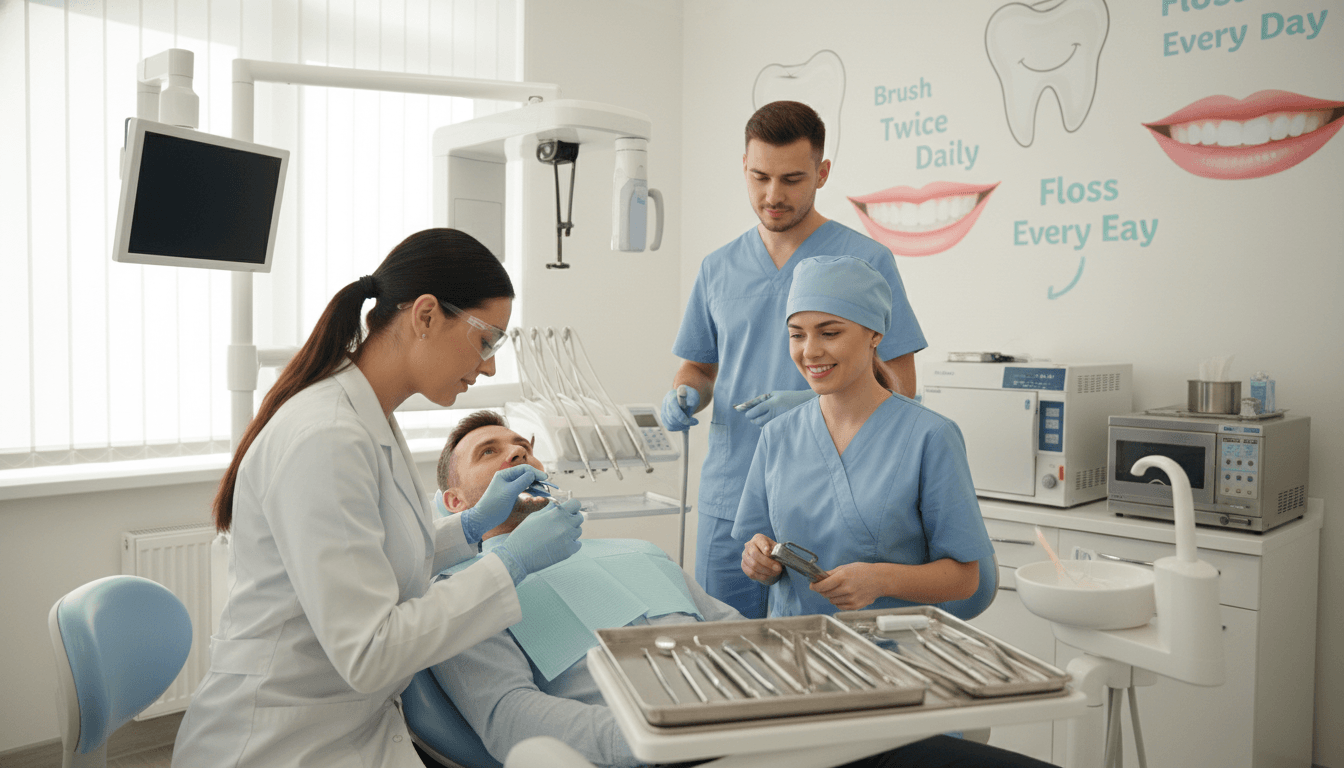 A professional dental team consisting of three members in a well-lit clinic setting, conveying a sense of care and expertise. In the foreground, a dentist wearing a white coat and protective eyewear examines a patient in a dental chair, while a dental hygienist, smiling and dressed in scrubs, prepares tools on a nearby tray. The dentist's assistant, also in scrubs, stands beside, ready to assist with a gentle demeanor. The middle ground features modern dental equipment, such as a digital X-ray machine and sterilization area. Soft, natural lighting floods the room, creating a warm and welcoming atmosphere. The background includes a calming mural of healthy teeth and oral hygiene tips, enhancing the professional yet friendly mood of the scene. The camera angle should be slightly elevated, capturing both the team and a sense of professionalism in patient care. A professional dental team consisting of three members in a well-lit clinic setting, conveying a sense of care and expertise. In the foreground, a dentist wearing a white coat and protective eyewear examines a patient in a dental chair, while a dental hygienist, smiling and dressed in scrubs, prepares tools on a nearby tray. The dentist's assistant, also in scrubs, stands beside, ready to assist with a gentle demeanor. The middle ground features modern dental equipment, such as a digital X-ray machine and sterilization area. Soft, natural lighting floods the room, creating a warm and welcoming atmosphere. The background includes a calming mural of healthy teeth and oral hygiene tips, enhancing the professional yet friendly mood of the scene. The camera angle should be slightly elevated, capturing both the team and a sense of professionalism in patient care.