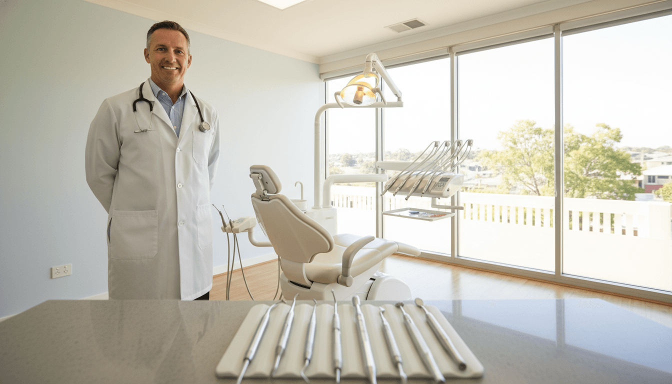 A professional dentist standing confidently in a modern dental office in Parramatta. The dentist, a middle-aged Caucasian male, wears a crisp white lab coat, with a stethoscope draped around his neck. He has a friendly smile, showcasing excellent oral health. The foreground features dental tools neatly organized on a counter, while in the middle ground, a bright dental chair and an overhead light illuminate a well-designed patient room. The background displays a large window with natural light filtering through, revealing lush green trees outside. The mood is warm and inviting, highlighting professionalism and comfort. The lighting is soft and bright, creating an atmosphere of cleanliness and reassurance, captured with a wide-angle lens from a slightly low angle to emphasize the dentist's stature. A professional dentist standing confidently in a modern dental office in Parramatta. The dentist, a middle-aged Caucasian male, wears a crisp white lab coat, with a stethoscope draped around his neck. He has a friendly smile, showcasing excellent oral health. The foreground features dental tools neatly organized on a counter, while in the middle ground, a bright dental chair and an overhead light illuminate a well-designed patient room. The background displays a large window with natural light filtering through, revealing lush green trees outside. The mood is warm and inviting, highlighting professionalism and comfort. The lighting is soft and bright, creating an atmosphere of cleanliness and reassurance, captured with a wide-angle lens from a slightly low angle to emphasize the dentist's stature.