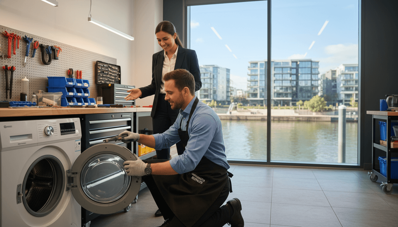 A professional repair service setting in Parramatta, showcasing a trustworthy technician in smart business attire working on a household appliance in the foreground. The technician is engaged, focused, and calmly interacting with a satisfied customer, conveying a sense of reliability and professionalism. In the middle ground, a well-organized, modern workshop with tools neatly arranged on workbenches, softly lit to create a warm atmosphere. In the background, a recognizable landmark of Parramatta, such as the iconic Parramatta River or local architecture, under a clear blue sky, enhancing the sense of locality. The lighting is bright and inviting, creating a positive, approachable mood. The angle is slightly elevated, providing a comprehensive view of the scene while maintaining a focus on the service's reliability. A professional repair service setting in Parramatta, showcasing a trustworthy technician in smart business attire working on a household appliance in the foreground. The technician is engaged, focused, and calmly interacting with a satisfied customer, conveying a sense of reliability and professionalism. In the middle ground, a well-organized, modern workshop with tools neatly arranged on workbenches, softly lit to create a warm atmosphere. In the background, a recognizable landmark of Parramatta, such as the iconic Parramatta River or local architecture, under a clear blue sky, enhancing the sense of locality. The lighting is bright and inviting, creating a positive, approachable mood. The angle is slightly elevated, providing a comprehensive view of the scene while maintaining a focus on the service's reliability.