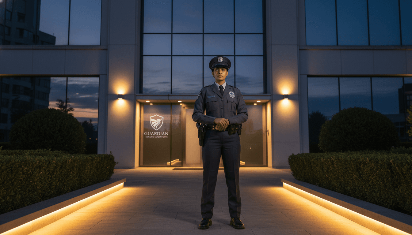 A professional security officer in a neat uniform standing confidently in front of a modern commercial property at dusk, with subtle lighting emphasizing safety and protection. A professional security officer in a neat uniform standing confidently in front of a modern commercial property at dusk, with subtle lighting emphasizing safety and protection.