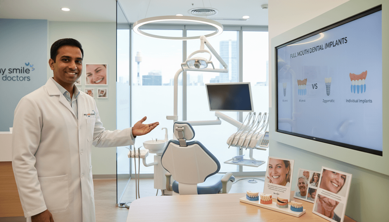 A professionally designed dental clinic interior in Sydney, showcasing a range of full mouth dental implant options. In the foreground, a friendly dentist in a white lab coat, smiling and pointing to a visual display of different implant types, exuding expertise and warmth. In the middle ground, high-quality images of dental implants arranged neatly on an examination table, illuminated by soft, natural light streaming through large windows, enhancing the clean and modern ambiance. The background displays a modern dental operatory, with state-of-the-art equipment and soothing colors, creating a calm atmosphere. The brand "my smile doctors" subtly integrated into the decor. The mood is reassuring, emphasizing painless care and professionalism. A professionally designed dental clinic interior in Sydney, showcasing a range of full mouth dental implant options. In the foreground, a friendly dentist in a white lab coat, smiling and pointing to a visual display of different implant types, exuding expertise and warmth. In the middle ground, high-quality images of dental implants arranged neatly on an examination table, illuminated by soft, natural light streaming through large windows, enhancing the clean and modern ambiance. The background displays a modern dental operatory, with state-of-the-art equipment and soothing colors, creating a calm atmosphere. The brand "my smile doctors" subtly integrated into the decor. The mood is reassuring, emphasizing painless care and professionalism.