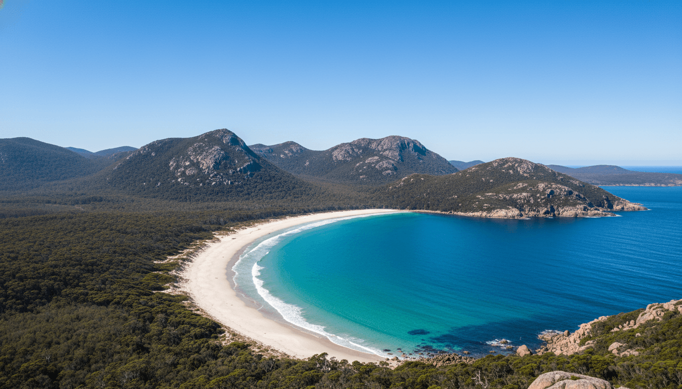 A scenic view of Wineglass Bay in Tasmania, showing the white sandy beach and the curved coastline with green mountains in the background. A scenic view of Wineglass Bay in Tasmania, showing the white sandy beach and the curved coastline with green mountains in the background.