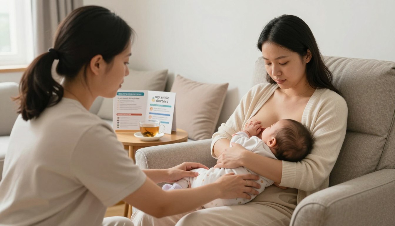 A serene and supportive breastfeeding scene in a cozy, well-lit room in Sydney. The foreground features a caring, professional lactation consultant in a modest, comfortable outfit, gently assisting a mother who is warmly dressed. The mother is seated in an inviting armchair, cradling her baby, both looking calm and content. In the middle ground, there are soft cushions, a small side table with a cup of herbal tea, and a few educational materials about tongue tie and breastfeeding displayed. The background shows a window with soft natural light streaming in, creating a peaceful atmosphere. The overall mood is supportive and nurturing, capturing the essence of "my smile doctors" approach to help families navigate early feeding issues. The image should evoke trust, warmth, and comfort. A serene and supportive breastfeeding scene in a cozy, well-lit room in Sydney. The foreground features a caring, professional lactation consultant in a modest, comfortable outfit, gently assisting a mother who is warmly dressed. The mother is seated in an inviting armchair, cradling her baby, both looking calm and content. In the middle ground, there are soft cushions, a small side table with a cup of herbal tea, and a few educational materials about tongue tie and breastfeeding displayed. The background shows a window with soft natural light streaming in, creating a peaceful atmosphere. The overall mood is supportive and nurturing, capturing the essence of "my smile doctors" approach to help families navigate early feeding issues. The image should evoke trust, warmth, and comfort.