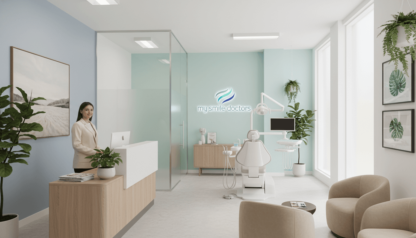A serene dental clinic environment designed to evoke a sense of calm and comfort. In the foreground, a bright, welcoming reception area features soft, beige armchairs and a sleek, wooden reception desk with a friendly staff member in professional attire, smiling at the viewer. In the middle ground, an open dental consultation room is visible, furnished with modern, ergonomic equipment and gentle, natural lighting that creates a warm atmosphere. The walls are decorated with soothing artwork and plants, while large windows let in soft daylight, enhancing the tranquil mood. In the background, a softly colored logo reading "my smile doctors" can be seen on the wall. The overall ambiance is peaceful, showcasing a commitment to anxiety-free quality care.